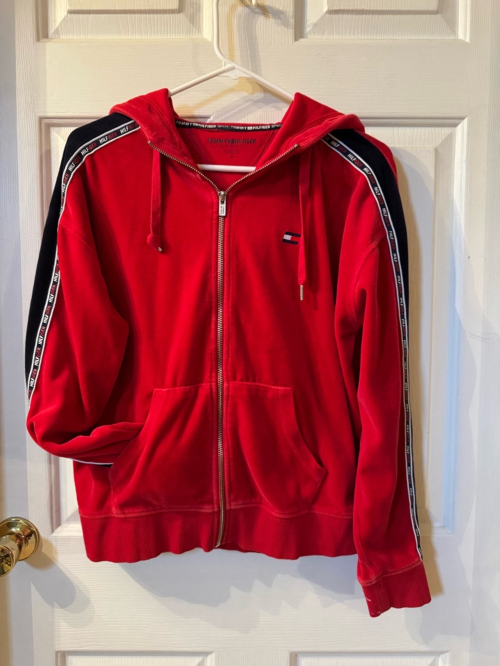 Vintage Tommy Hilfiger Velour Zip Up Hoodie - Red Y2K Sporty Jacket M